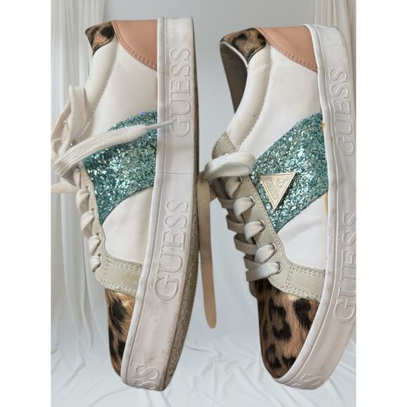 GUESS Glitter & Leopard Print Low-Top Sneakers Women’s Mixed Media Casual Shoes - Picture 4 of 6